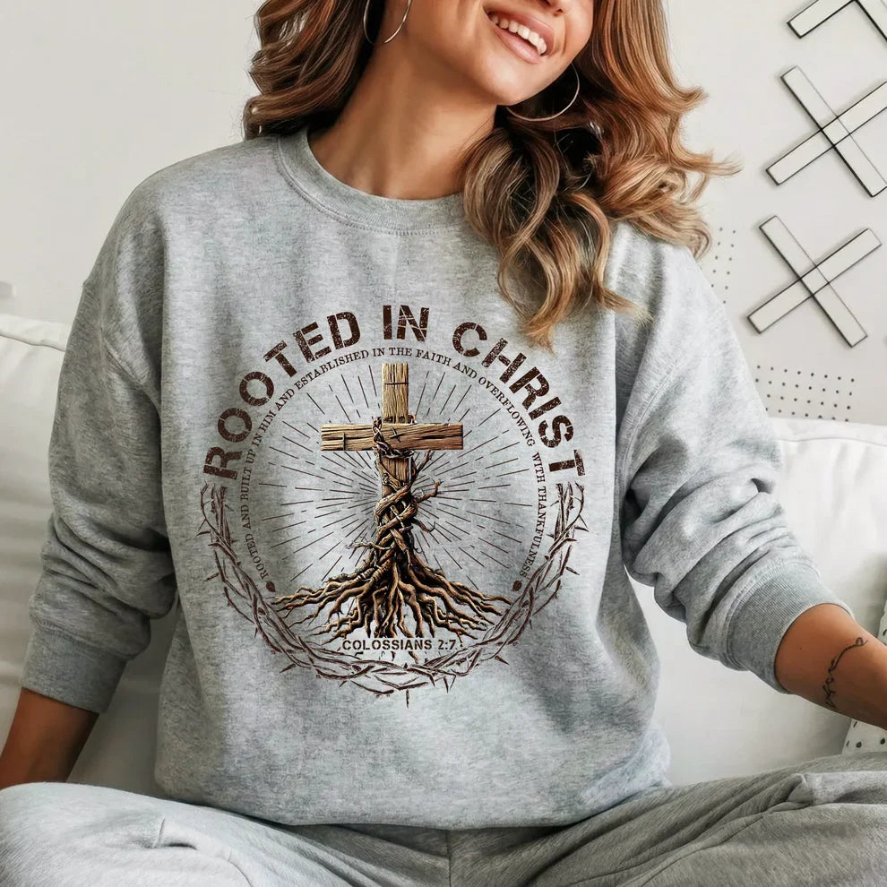 Rooted In Christ Wooden Cross With Growing Roots Design - Minimalist Faith - Unisex Tshirt / Hoodie / Sweatshirt