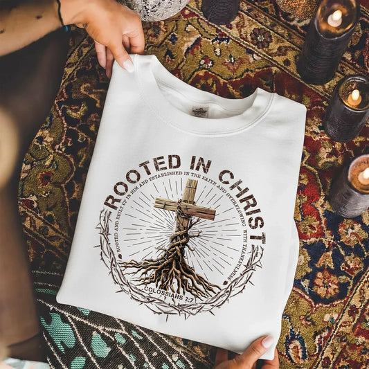 Rooted In Christ Wooden Cross With Growing Roots Design - Minimalist Faith - Unisex Tshirt / Hoodie / Sweatshirt