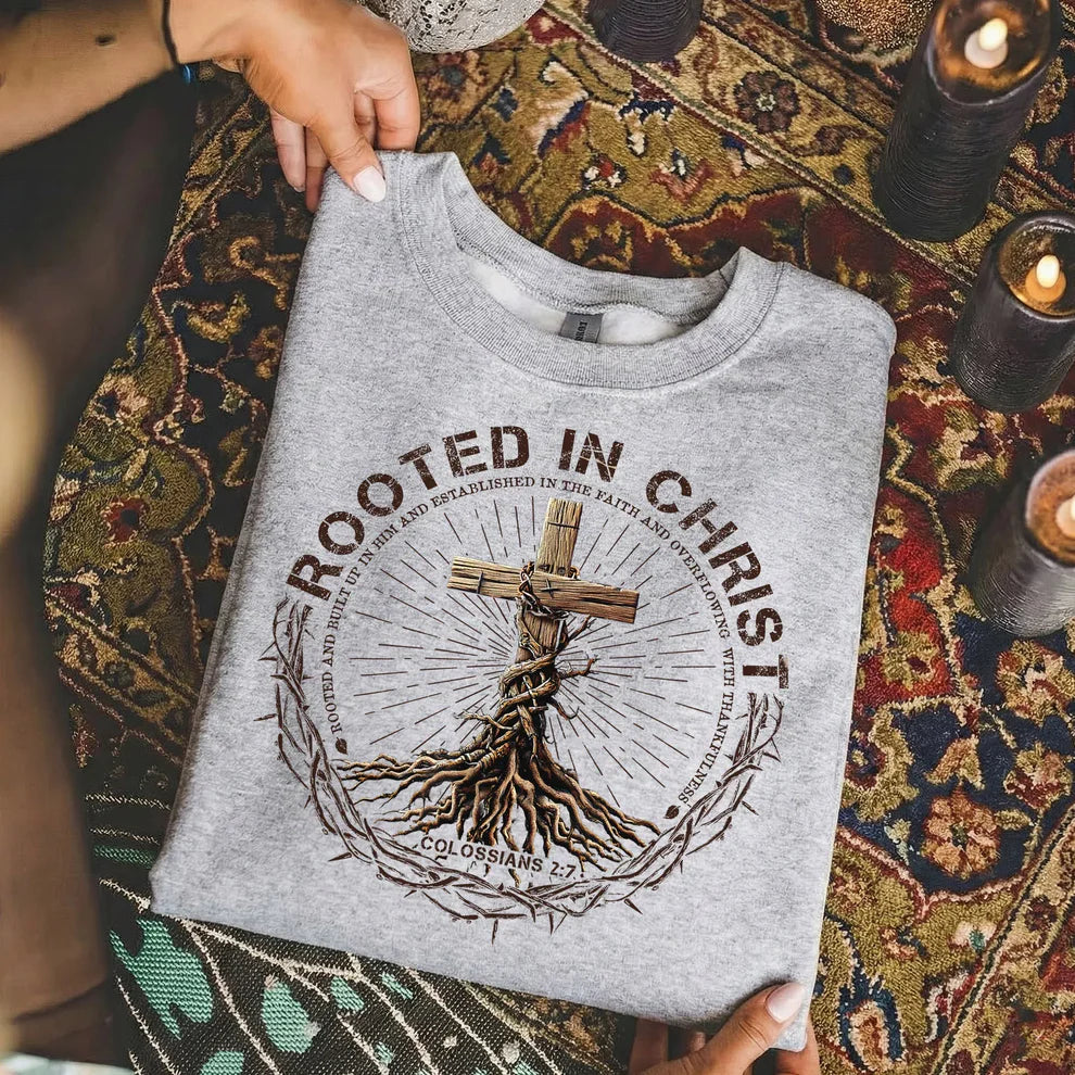 Rooted In Christ Wooden Cross With Growing Roots Design - Minimalist Faith - Unisex Tshirt / Hoodie / Sweatshirt