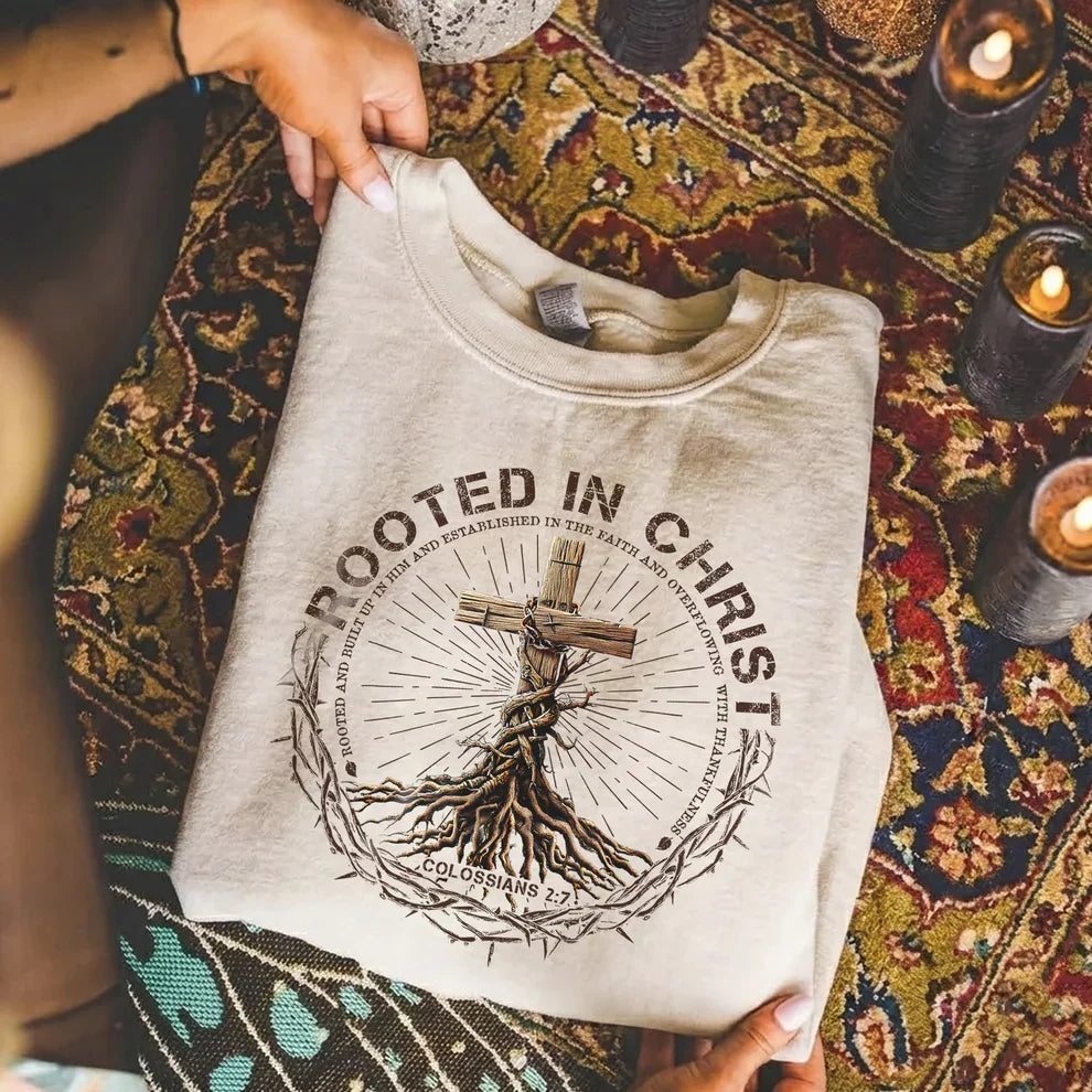 Rooted In Christ Wooden Cross With Growing Roots Design - Minimalist Faith - Unisex Tshirt / Hoodie / Sweatshirt