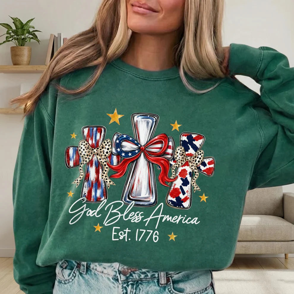 God Bless America T-Shirt, Patriotic Cross Distressed Flag – Unisex Tshirt / Hoodie / Sweatshirt