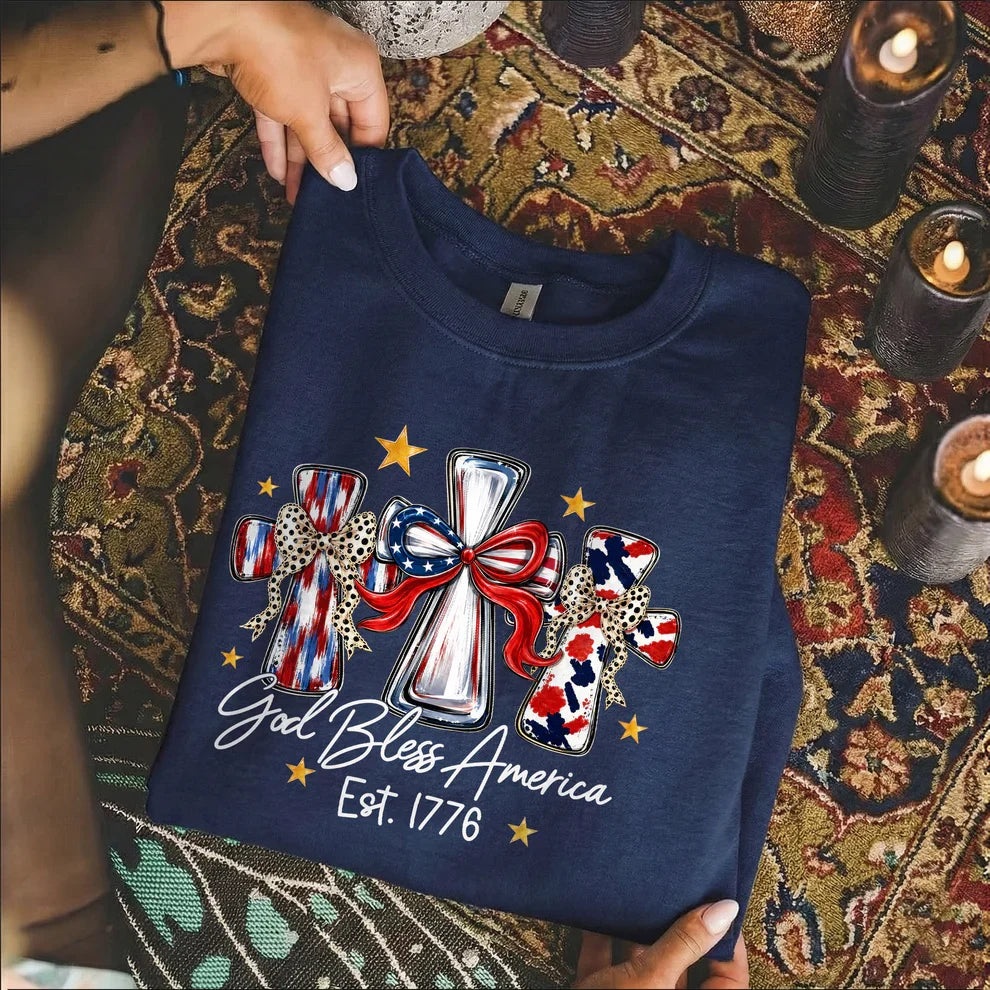 God Bless America T-Shirt, Patriotic Cross Distressed Flag – Unisex Tshirt / Hoodie / Sweatshirt