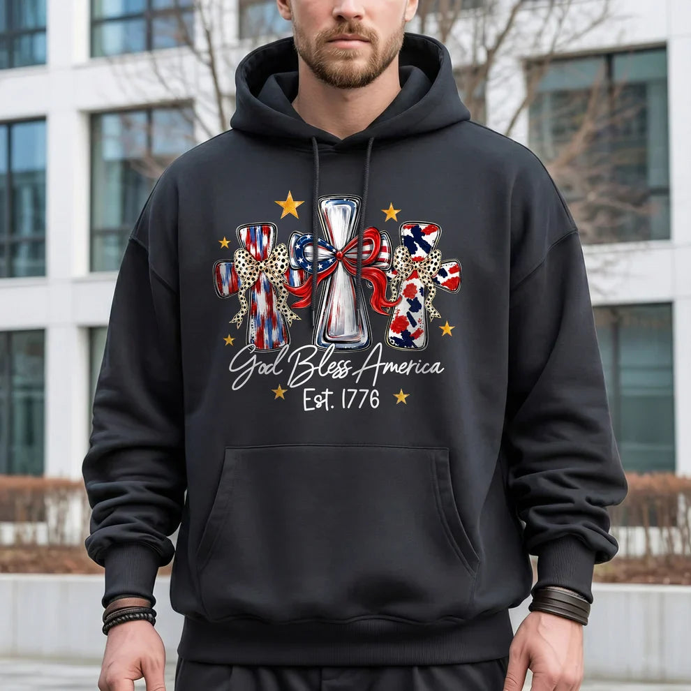 God Bless America T-Shirt, Patriotic Cross Distressed Flag – Unisex Tshirt / Hoodie / Sweatshirt