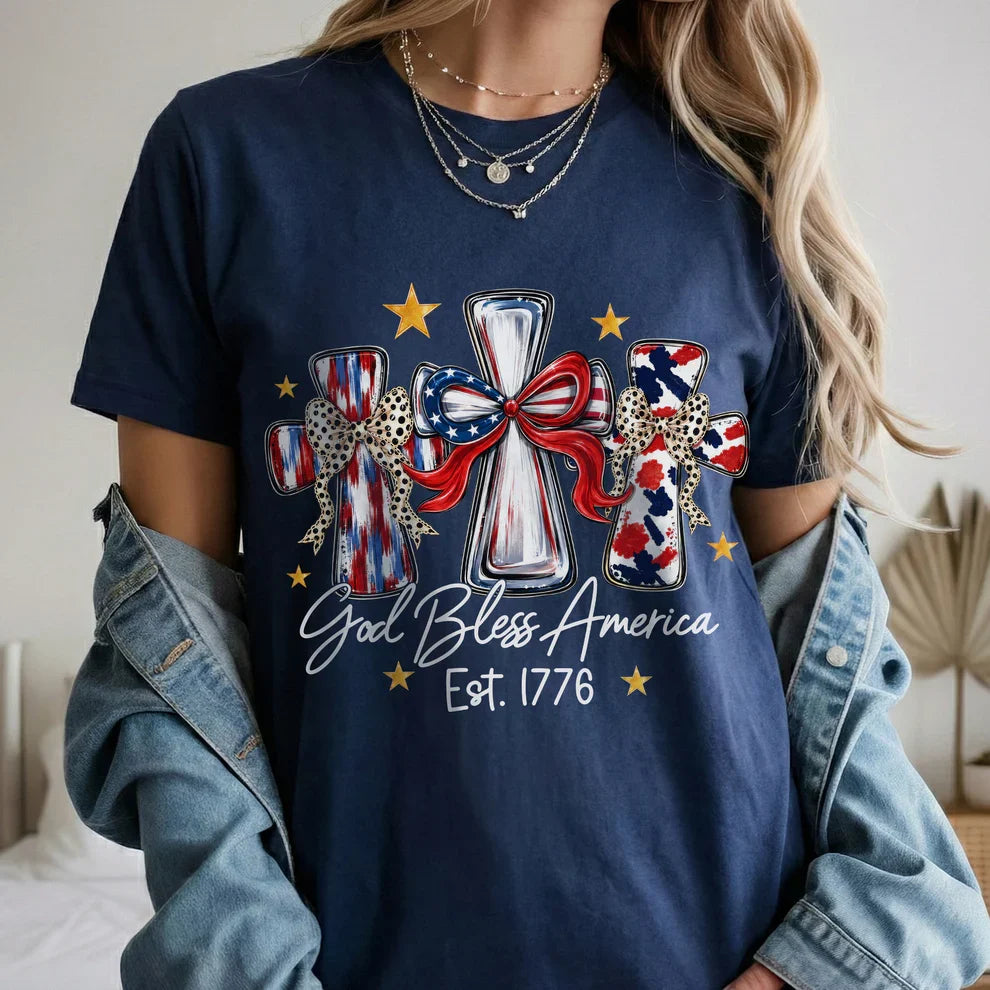 God Bless America T-Shirt, Patriotic Cross Distressed Flag – Unisex Tshirt / Hoodie / Sweatshirt
