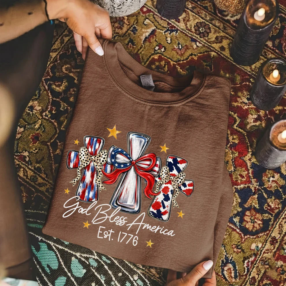God Bless America T-Shirt, Patriotic Cross Distressed Flag – Unisex Tshirt / Hoodie / Sweatshirt