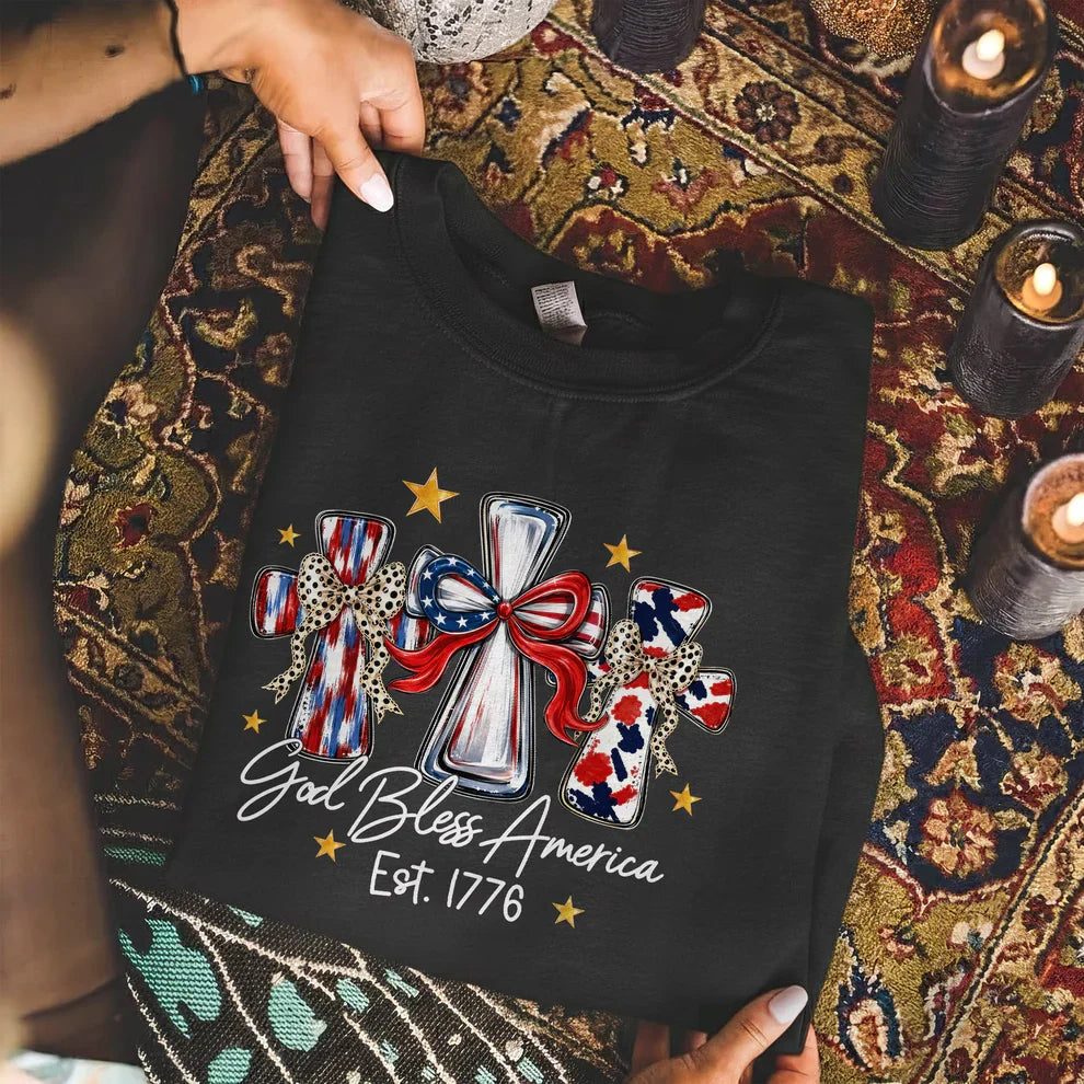 God Bless America T-Shirt, Patriotic Cross Distressed Flag – Unisex Tshirt / Hoodie / Sweatshirt