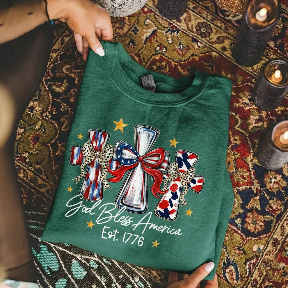 God Bless America T-Shirt, Patriotic Cross Distressed Flag – Unisex Tshirt / Hoodie / Sweatshirt