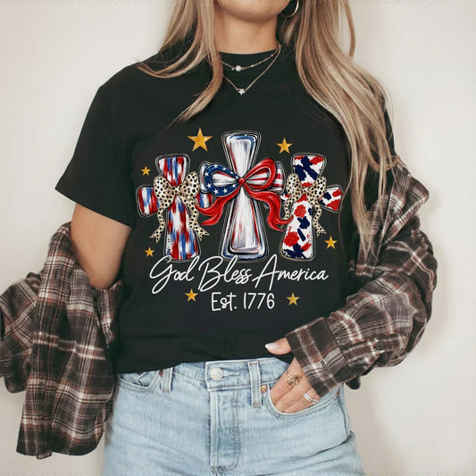 God Bless America T-Shirt, Patriotic Cross Distressed Flag – Unisex Tshirt / Hoodie / Sweatshirt