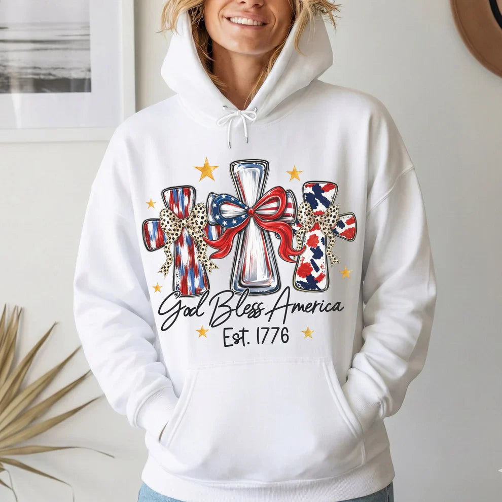 God Bless America T-Shirt, Patriotic Cross Distressed Flag – Unisex Tshirt / Hoodie / Sweatshirt