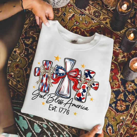 God Bless America T-Shirt, Patriotic Cross Distressed Flag – Unisex Tshirt / Hoodie / Sweatshirt