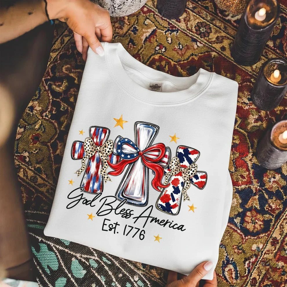 God Bless America T-Shirt, Patriotic Cross Distressed Flag – Unisex Tshirt / Hoodie / Sweatshirt