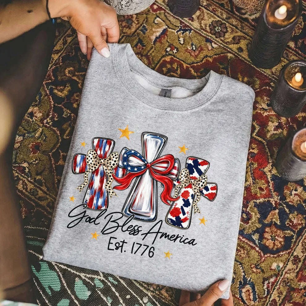 God Bless America T-Shirt, Patriotic Cross Distressed Flag – Unisex Tshirt / Hoodie / Sweatshirt
