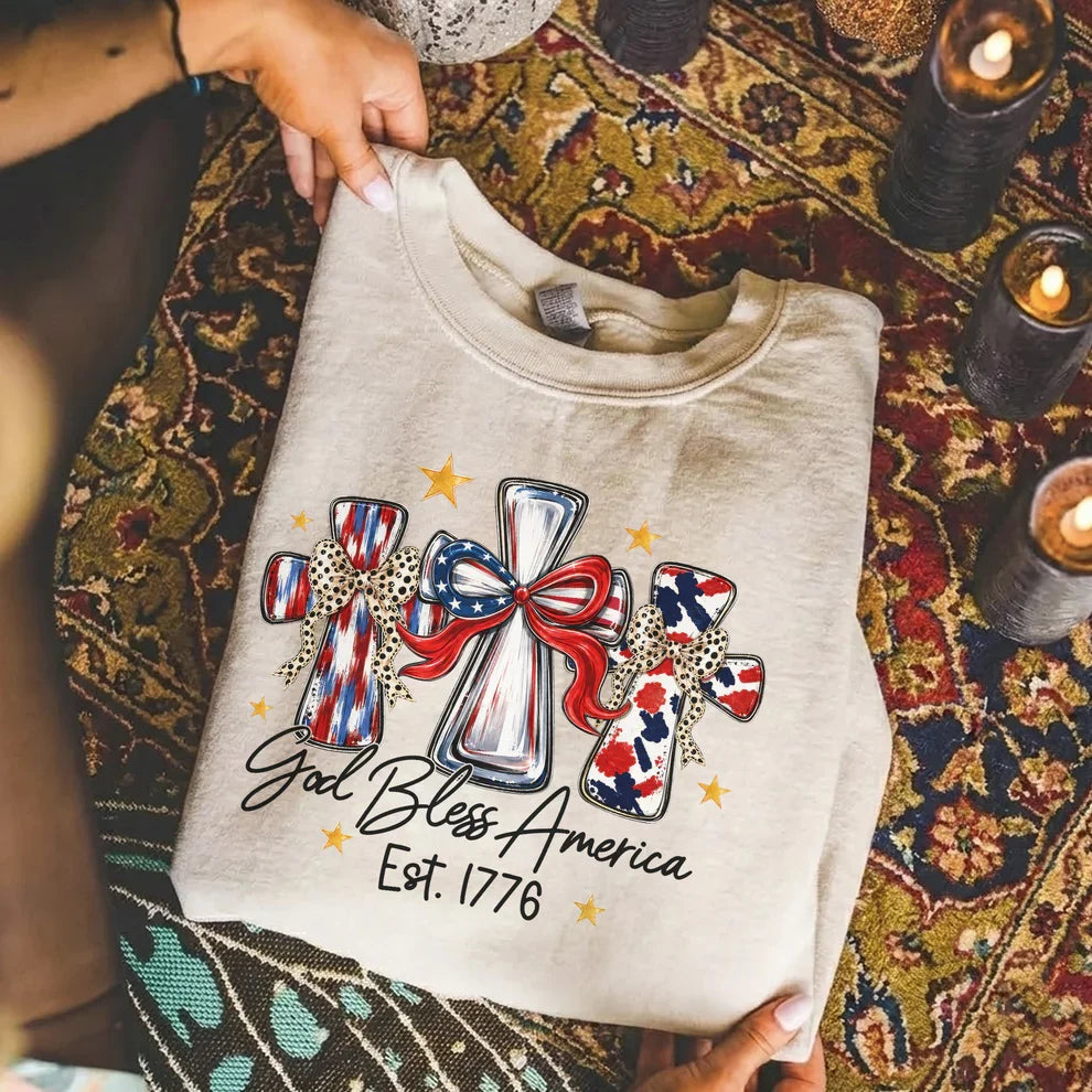 God Bless America T-Shirt, Patriotic Cross Distressed Flag – Unisex Tshirt / Hoodie / Sweatshirt
