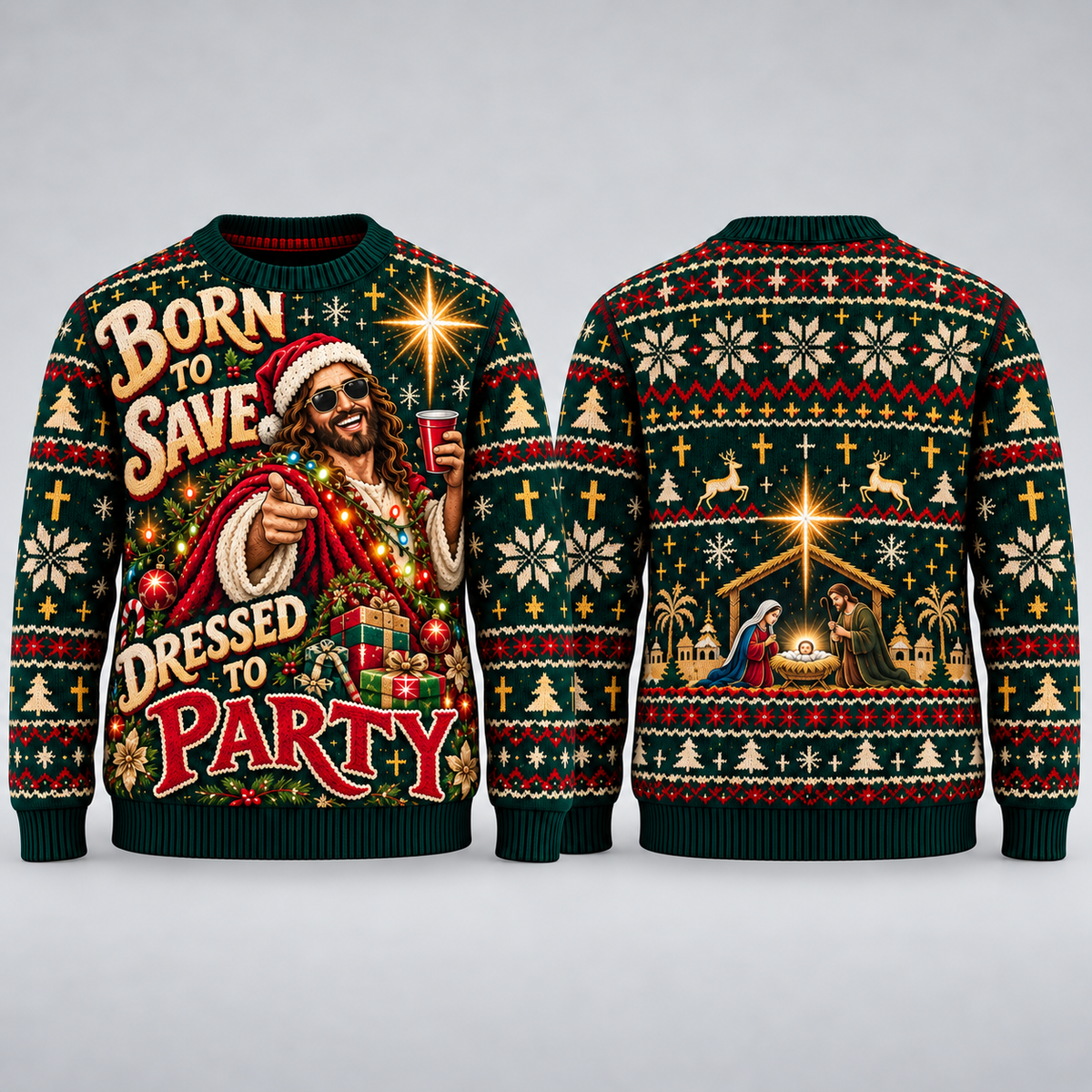 Jesus Ugly Christmas Sweater, Born to Save Dressed to Party Sweatshirt, Funny Christian Christmas Jumper, Nativity Gift for Men
