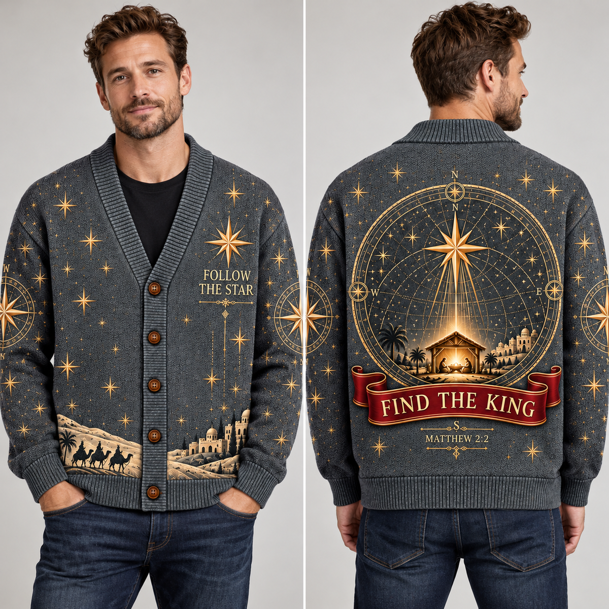 Christian Christmas Cardigan, Follow the Star Nativity Sweater, Matthew 2:2 Bethlehem Star, Men’s Faith Holiday Knitwear Gift