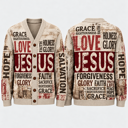 Jesus Christian Cardigan, Love Jesus Religious Sweater, Men's Faith Button Up Knitwear, Vintage Christian Gift for Men