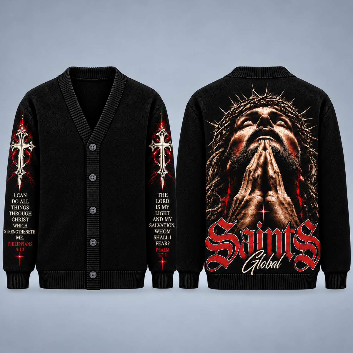 Jesus Saints Christian Cardigan, Gothic Cross Bible Verse Sweater, Black Button Up Cardigan, Religious Gift for Men