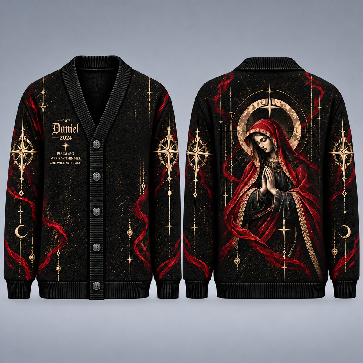 Virgin Mary Christian Cardigan, Personalized Psalm 46:5 Sweater, Gothic Religious Button Up Cardigan, Faith Gift for Men