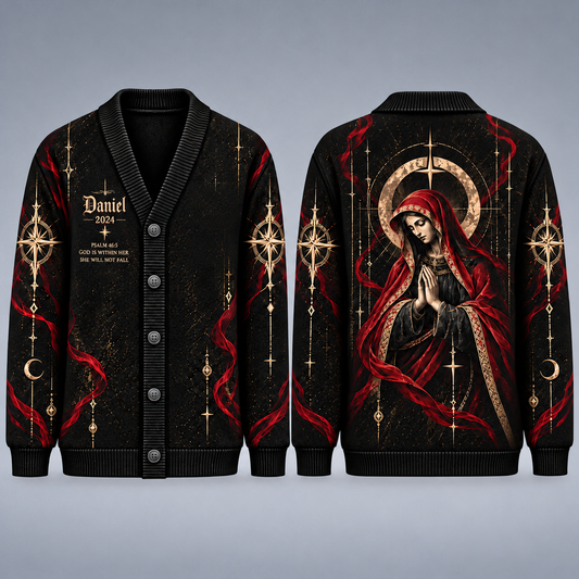 Virgin Mary Christian Cardigan, Personalized Psalm 46:5 Sweater, Gothic Religious Button Up Cardigan, Faith Gift for Men