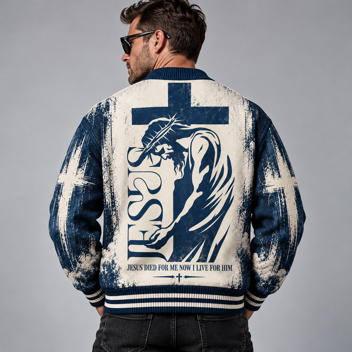 Jesus Christian Cardigan, John 3:16 Bible Verse Sweater, Navy Blue Cross Button Up Cardigan, Religious Faith Gift for Men