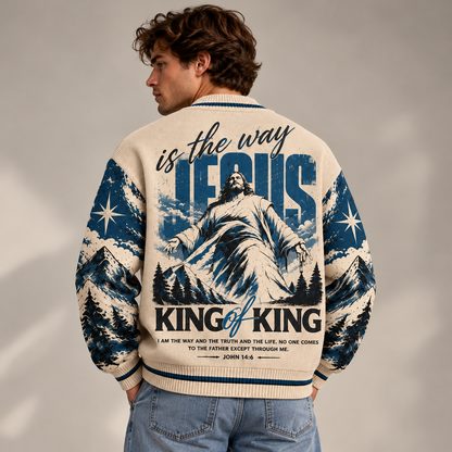 Jesus Christian Cardigan, King of Kings Religious Sweater, John 14:6 Bible Verse Button Up Cardigan, Faith Gift for Men