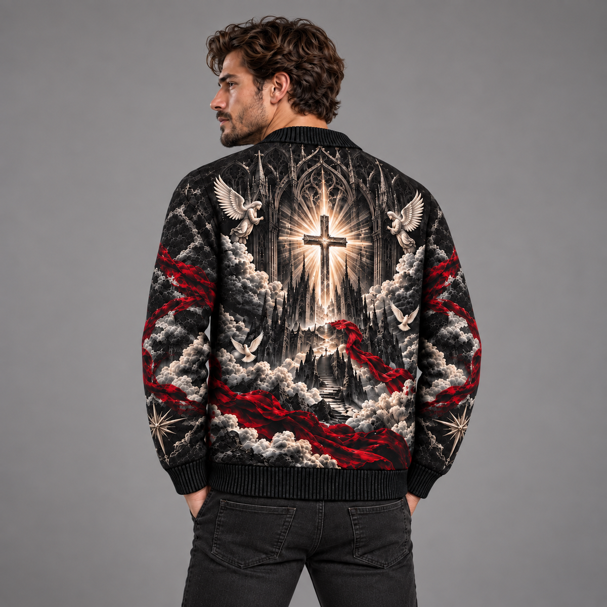 Jesus Christian Cardigan, Gothic Cross Religious Sweater, Men’s Faith Button Up Knit Cardigan, Church Inspired Christian Gift