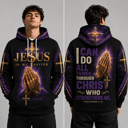 Navy Jesus Is My Savior Hoodie - Philippians 4:13 Christian Faith Graphic Pullover