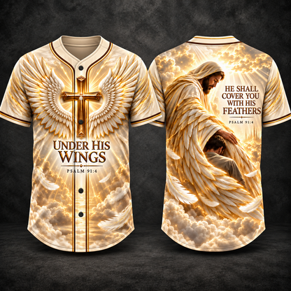 Under His Wings Psalm 91:4 Christian Baseball Jersey – Jesus Angel Wings Faith Shirt