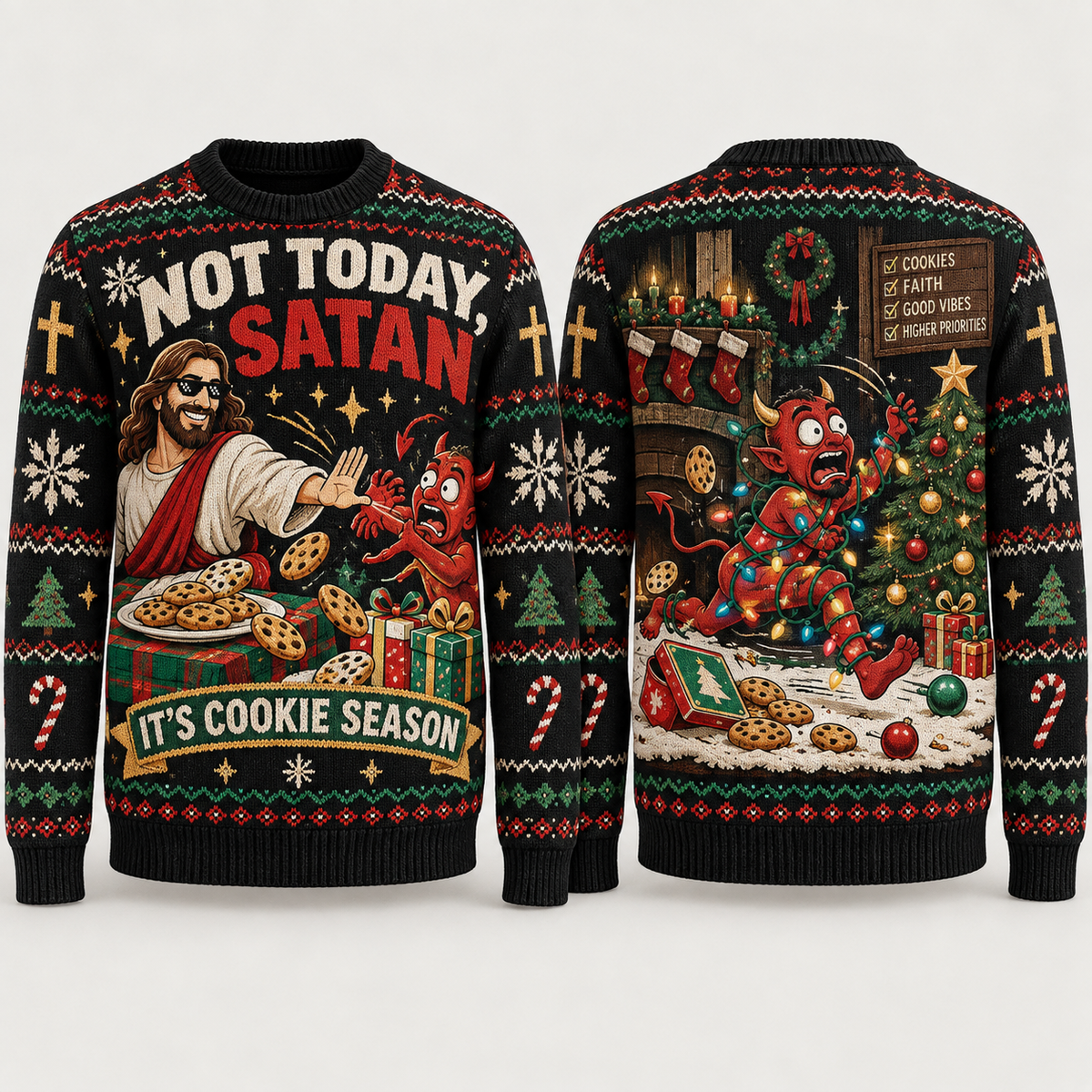 Funny Jesus Ugly Christmas Sweater, Not Today Satan Cookie Season Jumper, Christian Holiday Humor, Religious Christmas Gift