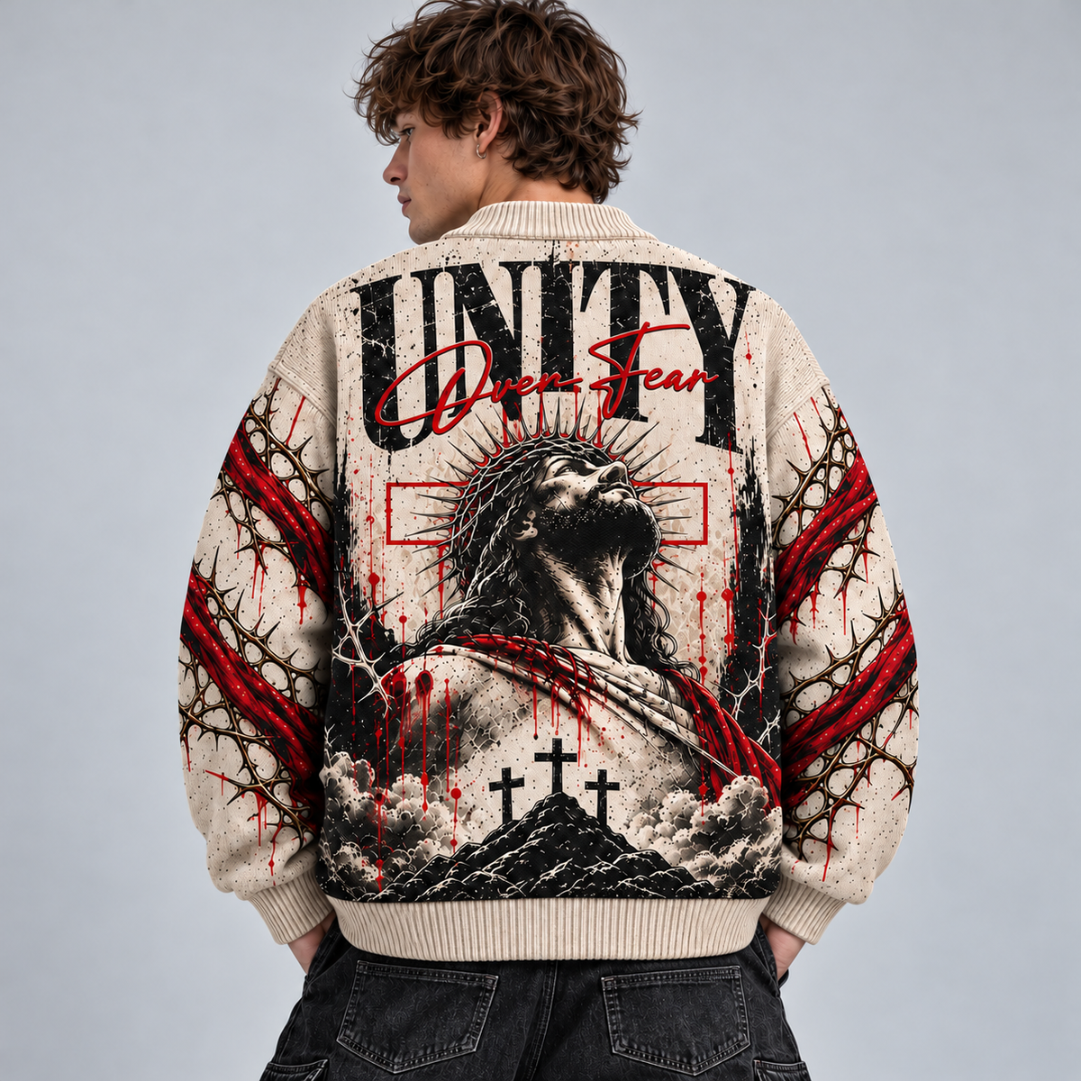 Jesus Christian Cardigan, Unity Over Fear Religious Sweater, Crown of Thorns Cross Button Up Cardigan, Christian Gift for Men
