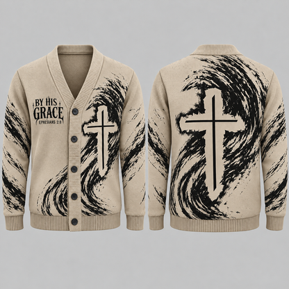 Men's Christian Cross Cardigan, By His Grace Ephesians 2:8 Sweater, Religious Button Up Knitwear, Faith Gift for Men