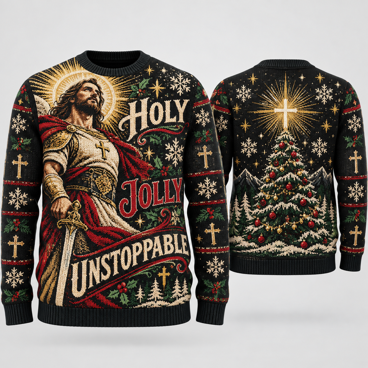 Christian Christmas Sweater, Jesus Holy Jolly Ugly Christmas Sweater, Unstoppable Faith Men’s Religious Holiday Knit
