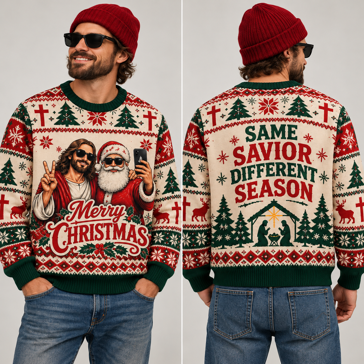 Funny Jesus Ugly Christmas Sweater, Santa Selfie Christian Jumper, Same Savior Different Season, Religious Xmas Gift for Men