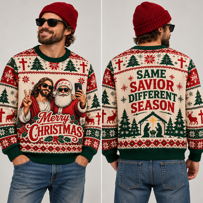 Funny Jesus Ugly Christmas Sweater, Santa Selfie Christian Jumper, Same Savior Different Season, Religious Xmas Gift for Men