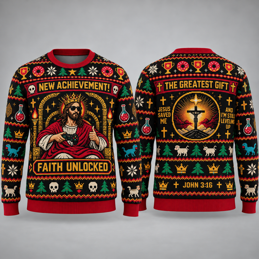 Jesus Gaming Ugly Christmas Sweater, Faith Unlocked Christian Sweatshirt, Funny Gamer Jesus Xmas Pullover, Religious Gift