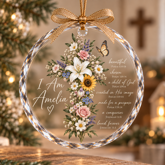 Personalized Christian Ornament, Floral Cross Ornament, Custom Name Gift, Bible Verse Christmas Keepsake, Christian Woman Gift