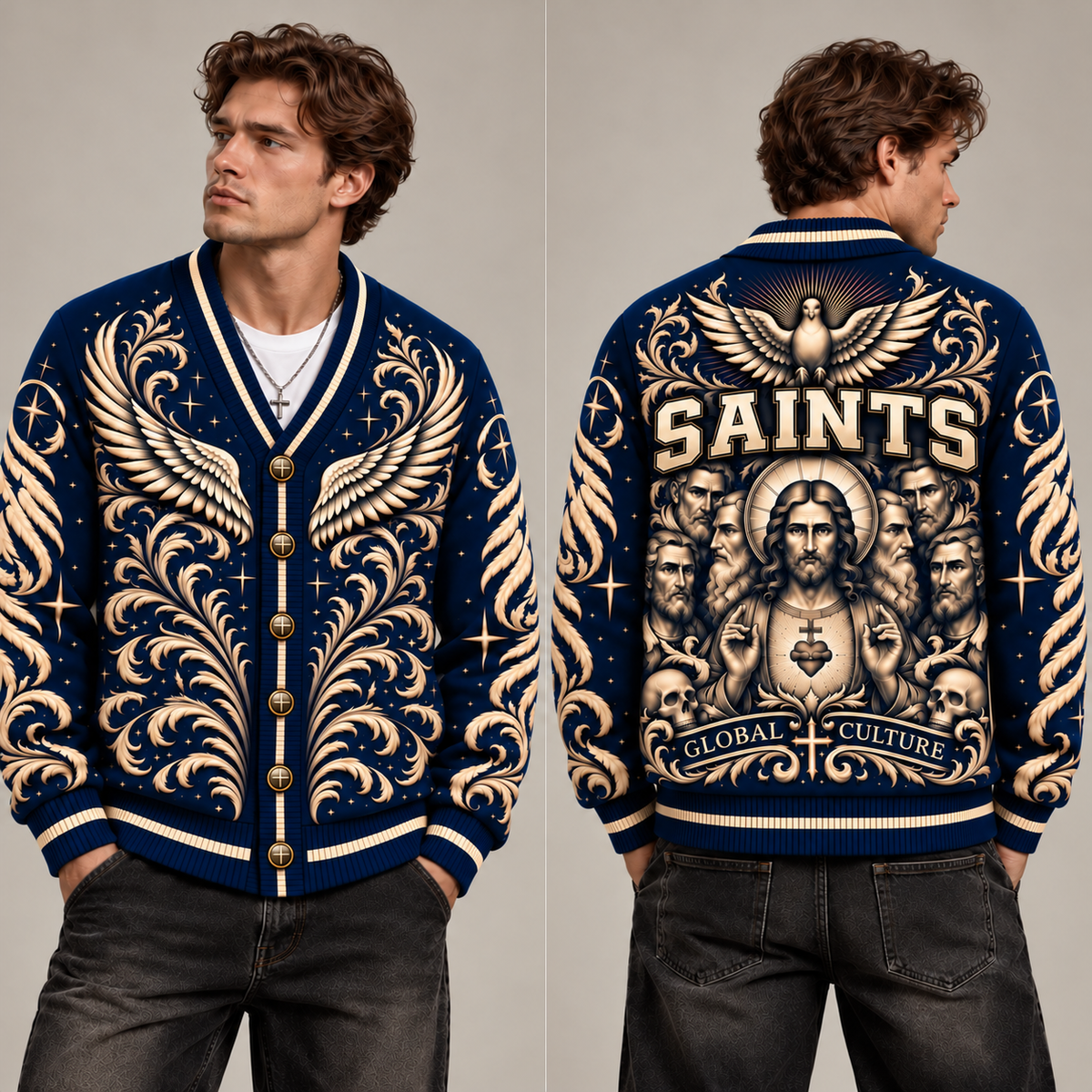 Jesus Christian Cardigan, Saints Religious Sweater, Navy Blue Gold Angel Wings Button Up Cardigan, Christian Gift for Men