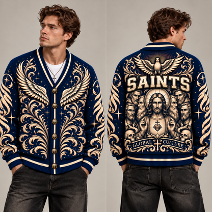 Jesus Christian Cardigan, Saints Religious Sweater, Navy Blue Gold Angel Wings Button Up Cardigan, Christian Gift for Men