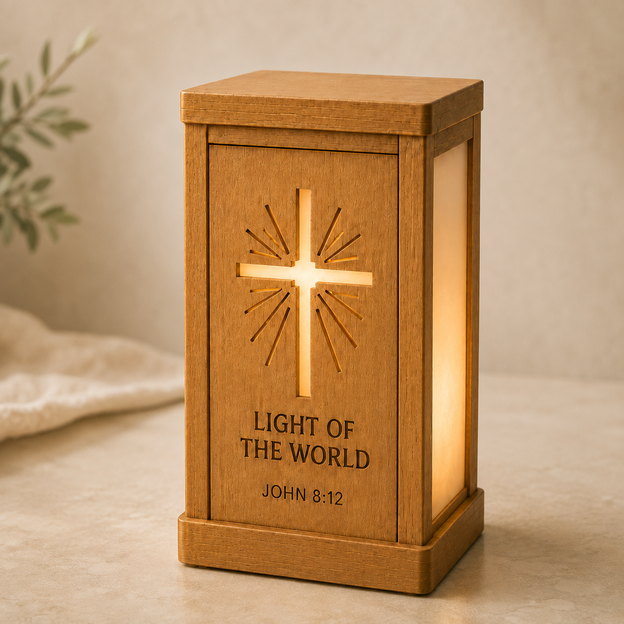 Light of the World Interchangeable Scripture Lantern – Wooden Christian Lamp with Seasonal Panels