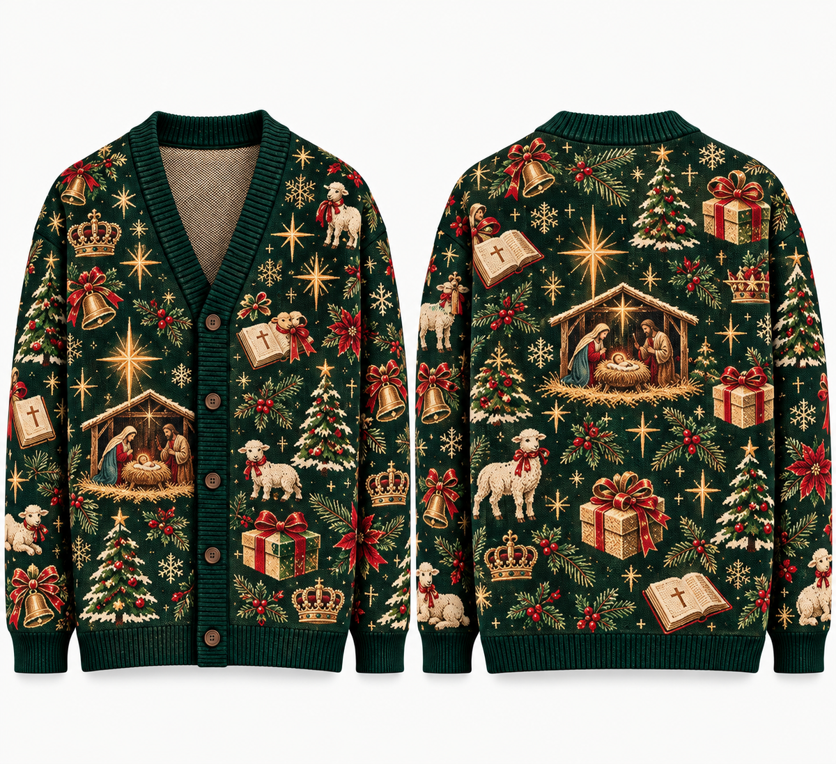 Christian Christmas Cardigan, Religious Ugly Xmas Sweater, Jesus Nativity Holiday Knitwear, Men's Faith Button Up Gift