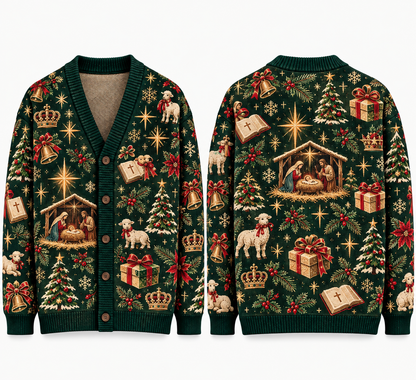 Christian Christmas Cardigan, Religious Ugly Xmas Sweater, Jesus Nativity Holiday Knitwear, Men's Faith Button Up Gift