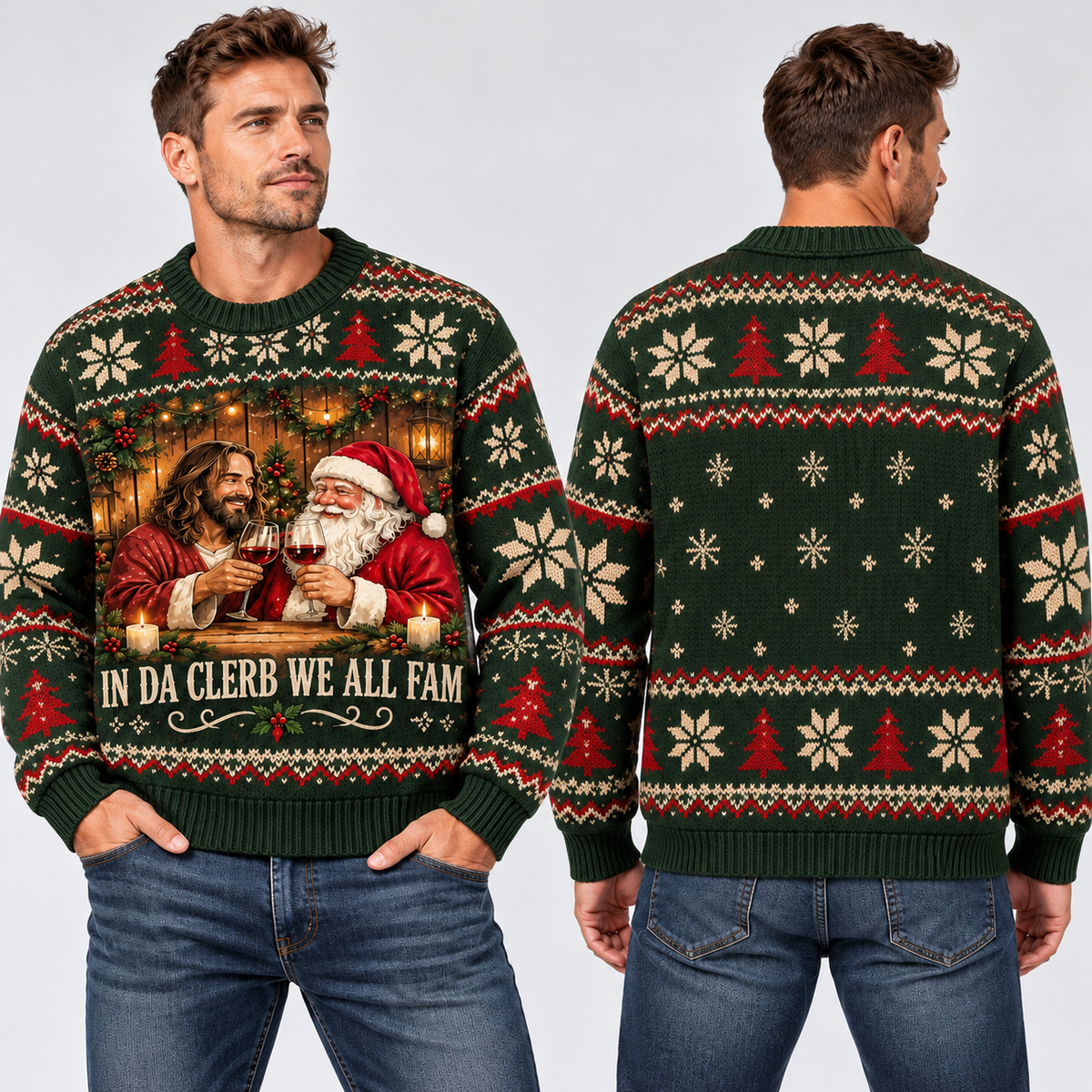 Christian Ugly Christmas Sweater, Jesus Santa Cheers Design, Funny Religious Xmas Crewneck, Holiday Party Gift for Men
