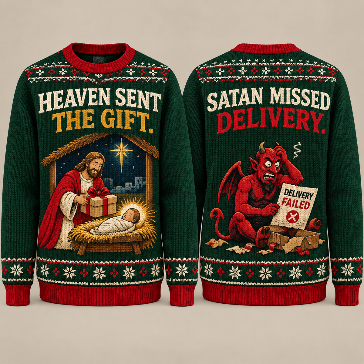 Funny Christian Ugly Christmas Sweater, Heaven Sent the Gift Jesus Sweater, Satan Missed Delivery, Religious Xmas Gift for Men