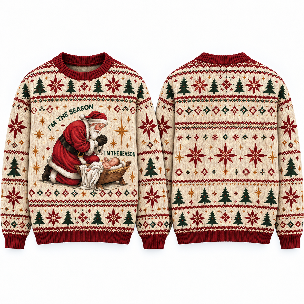 Christian Ugly Christmas Sweater, Santa Kneeling Before Baby Jesus, I'm the Season I'm the Reason, Men's Religious Holiday Gift