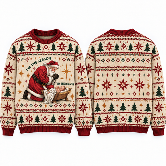 Christian Ugly Christmas Sweater, Santa Kneeling Before Baby Jesus, I'm the Season I'm the Reason, Men's Religious Holiday Gift