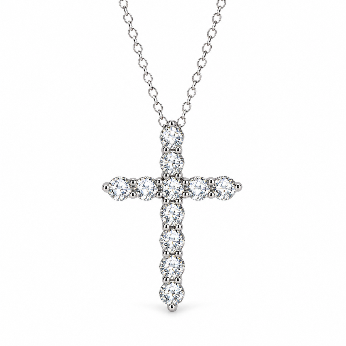 Moissanite cross necklace in 925 sterling silver, 11 stones, white background