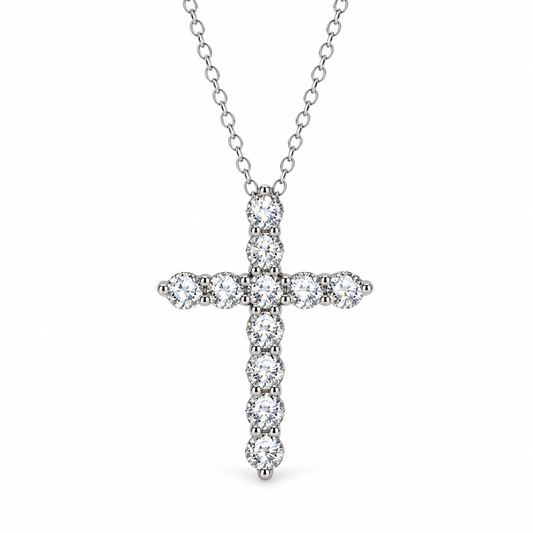 Moissanite cross necklace in 925 sterling silver, 11 stones, white background
