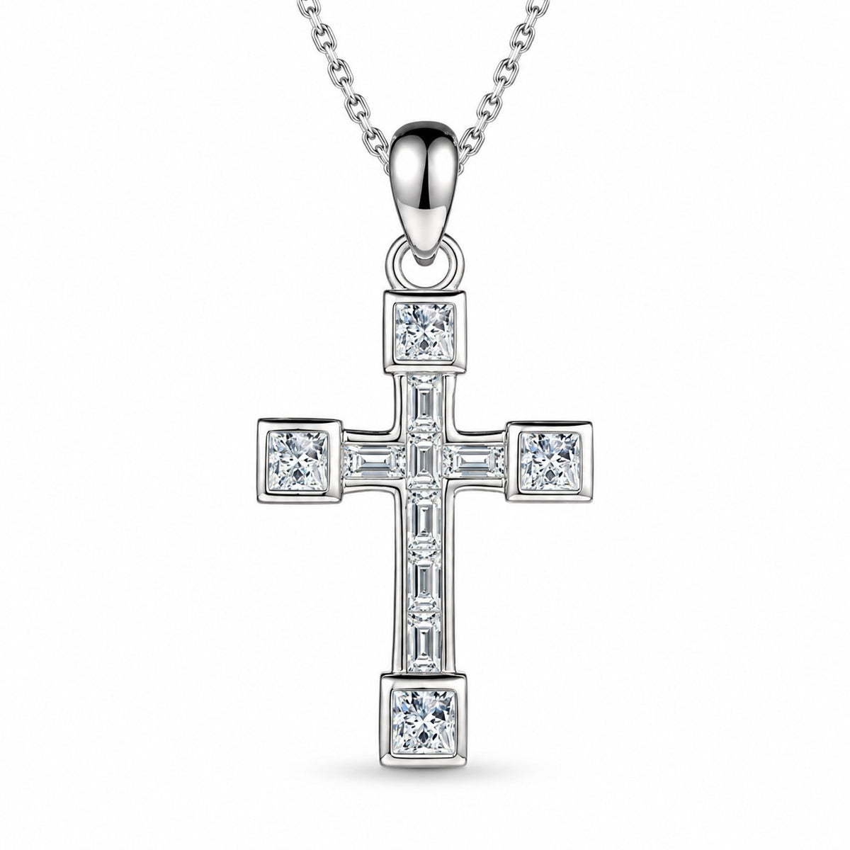 Step-cut moissanite cross necklace on white background
