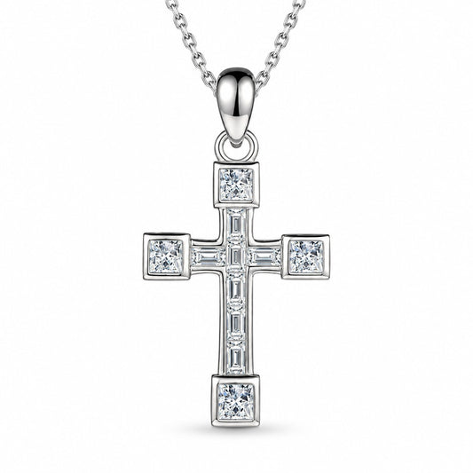 Step-cut moissanite cross necklace on white background