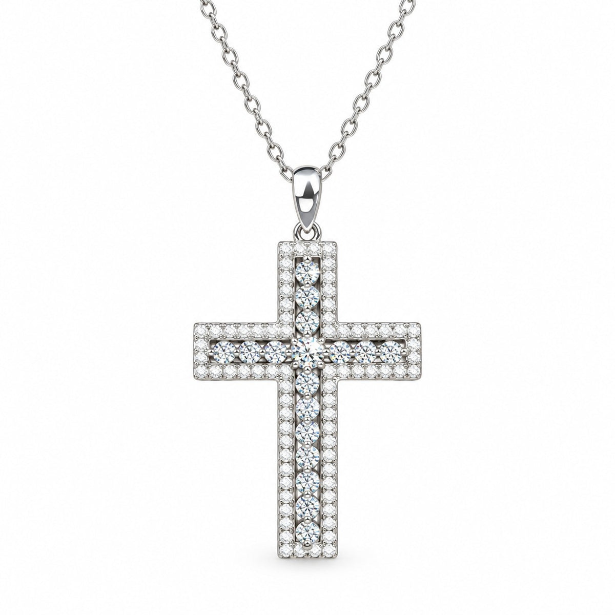 Halo moissanite cross necklace on white background